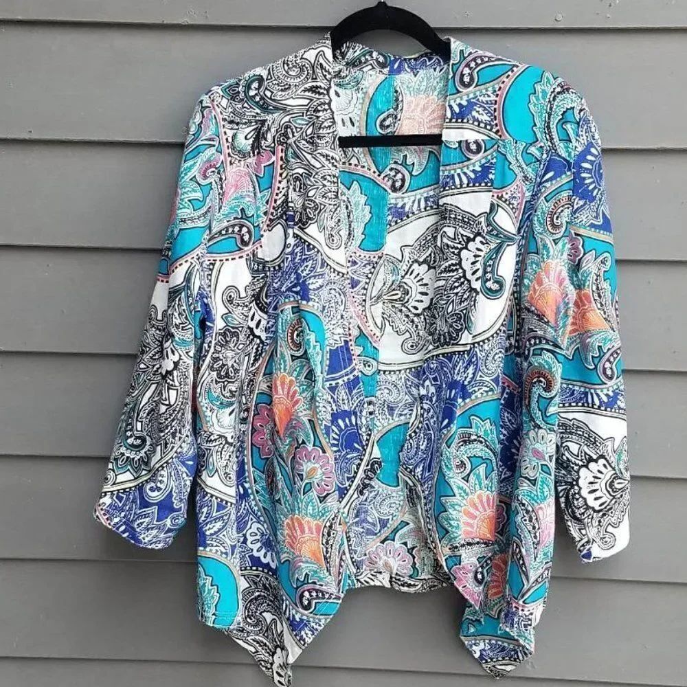 Chicos Linen Pink/White/Turquoise Mod open Jacket Size 2